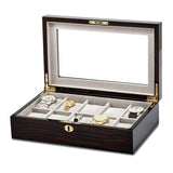 Luxury Giftware High Gloss Ebony Finish Veneer Beveled Glass Lid Locking Wooden 10-Watch Case
