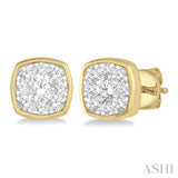 1/3 ctw Cushion Shape Round Cut Diamond Lovebright Bezel Stud Earring in 14K Yellow and White Gold