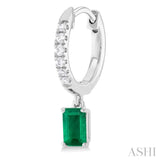 1/8 ctw Petite 5X3MM Emerald Drop and Round Cut Diamond Precious Fashion Huggies in 10K White Gold