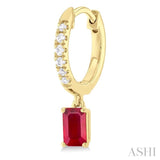 1/8 ctw Petite 5X3MM Ruby Drop and Round Cut Diamond Precious Fashion Huggies in 10K Yellow Gold