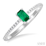 1/10 ctw Petite 5X3MM Emerald Cut Emerald and Round Cut Diamond Precious Fashion Ring in 10K White Gold