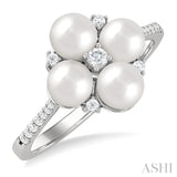 1/6 ctw Floral 5X5MM Cultured Pearls and Round Cut Diamond Fashion Ring in 10K White Gold