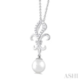 1/10 ctw Fleur De Lis 7X7MM White Cultured Pearl and Round Cut Diamond Pendant With Chain in 10K White Gold