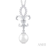 1/10 ctw Fleur De Lis 7X7MM White Cultured Pearl and Round Cut Diamond Pendant With Chain in 10K White Gold