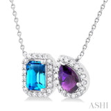 1/5 ctw Toi Et Moi 6X4MM Emerald Cut Blue Topaz and Pear Cut Amethyst & Round Cut Diamond Halo Fashion Pendant With Chain in 14K White Gold