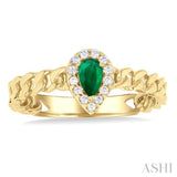 1/10 ctw Cuban Link 5X3MM Pear Cut Emerald and Round Cut Diamond Halo Precious Ring in 10K Yellow Gold