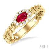 1/10 ctw Cuban Link East-West 5X3MM Oval Cut Ruby and Round Cut Diamond Halo Precious Ring in 10K Yellow Gold