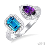 1/5 ctw Open Toi Et Moi 6X4MM Emerald Cut Blue Topaz and Pear Cut Amethyst & Round Cut Diamond Halo Fashion Ring in 14K White Gold