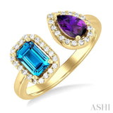 1/5 ctw Open Toi Et Moi 6X4MM Emerald Cut Blue Topaz and Pear Cut Amethyst & Round Cut Diamond Halo Fashion Ring in 14K Yellow Gold