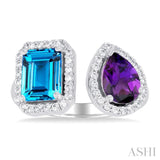 1/3 ctw Open Toi Et Moi 8X6MM Emerald Cut Blue Topaz and Pear Cut Amethyst & Round Cut Diamond Halo Fashion Ring in 14K White Gold