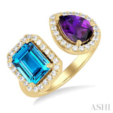 1/3 ctw Open Toi Et Moi 8X6MM Emerald Cut Blue Topaz and Pear Cut Amethyst & Round Cut Diamond Halo Fashion Ring in 14K Yellow Gold